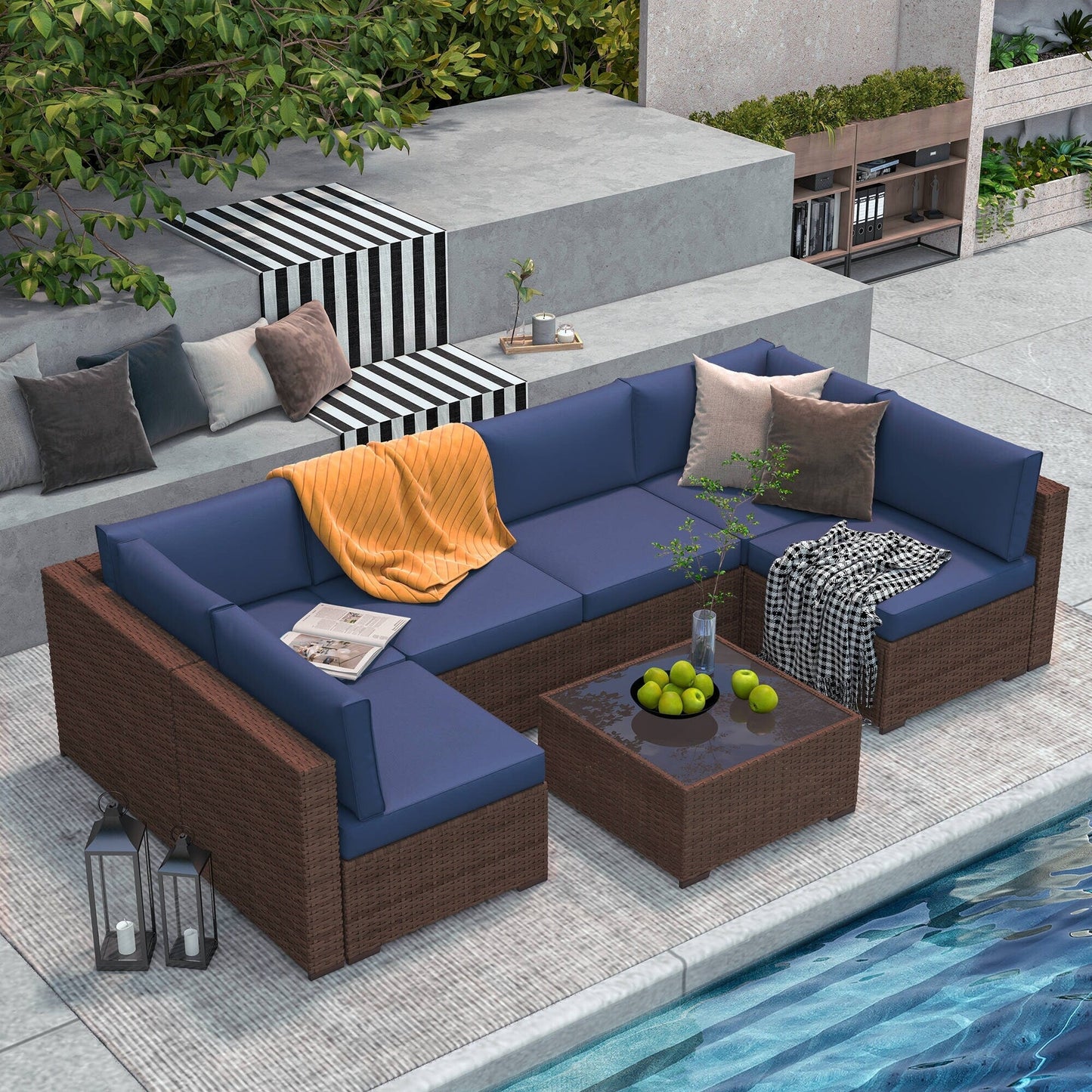 7-teiliges gepolstertes Outdoor-Sofa-Set aus Korbgeflecht/Stahl