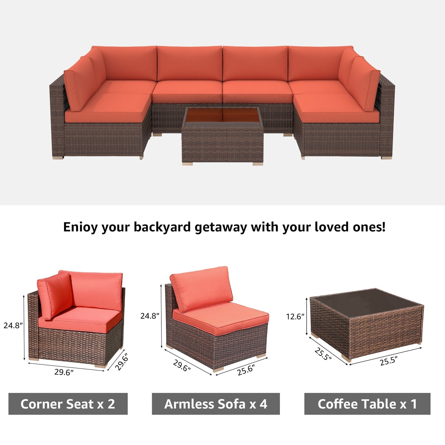 7-teiliges gepolstertes Outdoor-Sofa-Set aus Korbgeflecht/Stahl