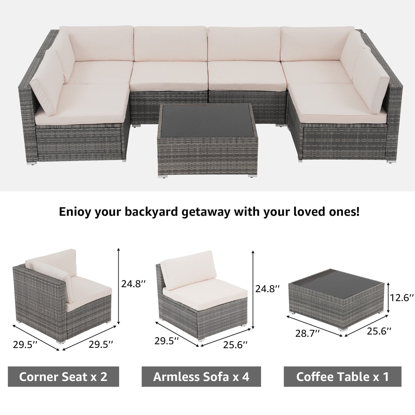 7-teiliges gepolstertes Outdoor-Sofa-Set aus Korbgeflecht/Stahl