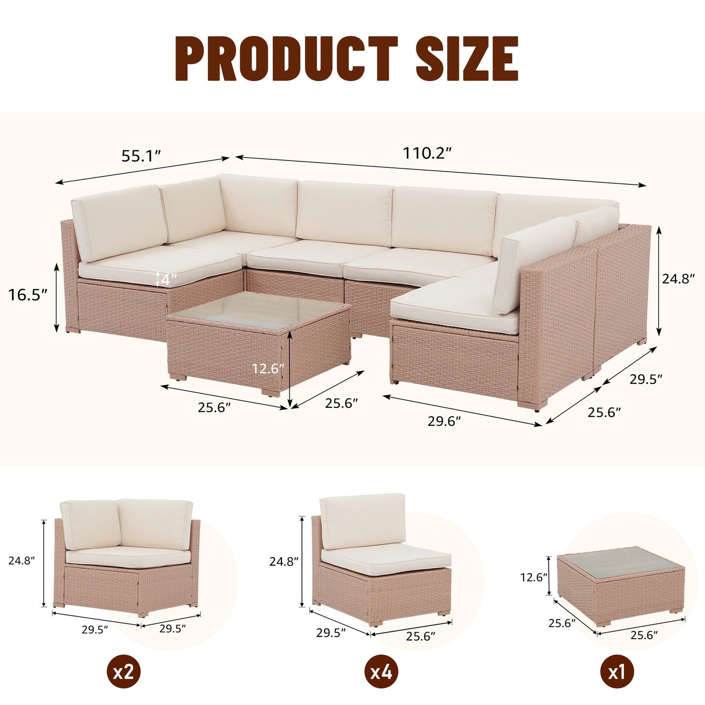7-teiliges gepolstertes Outdoor-Sofa-Set aus Korbgeflecht/Stahl