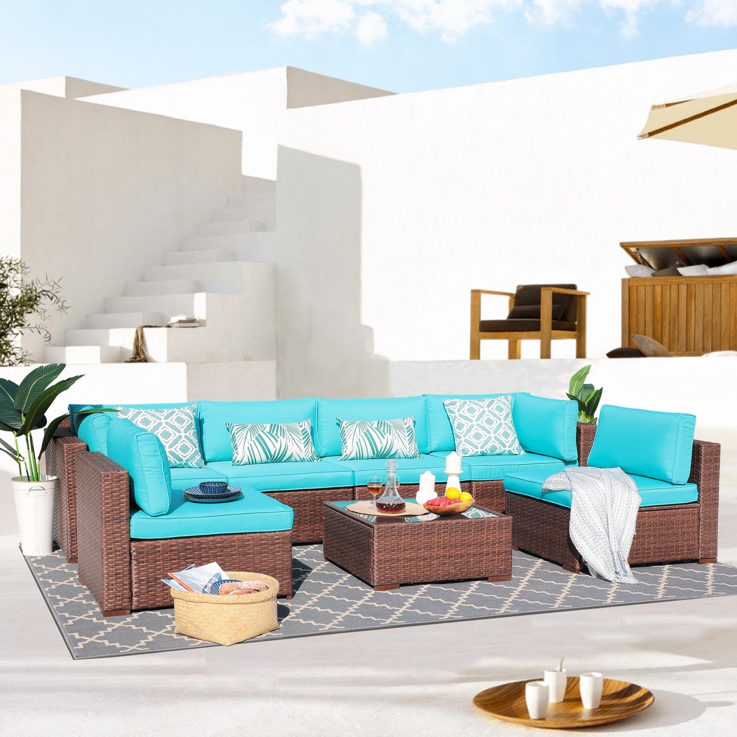 7-teiliges gepolstertes Outdoor-Sofa-Set aus Korbgeflecht/Stahl