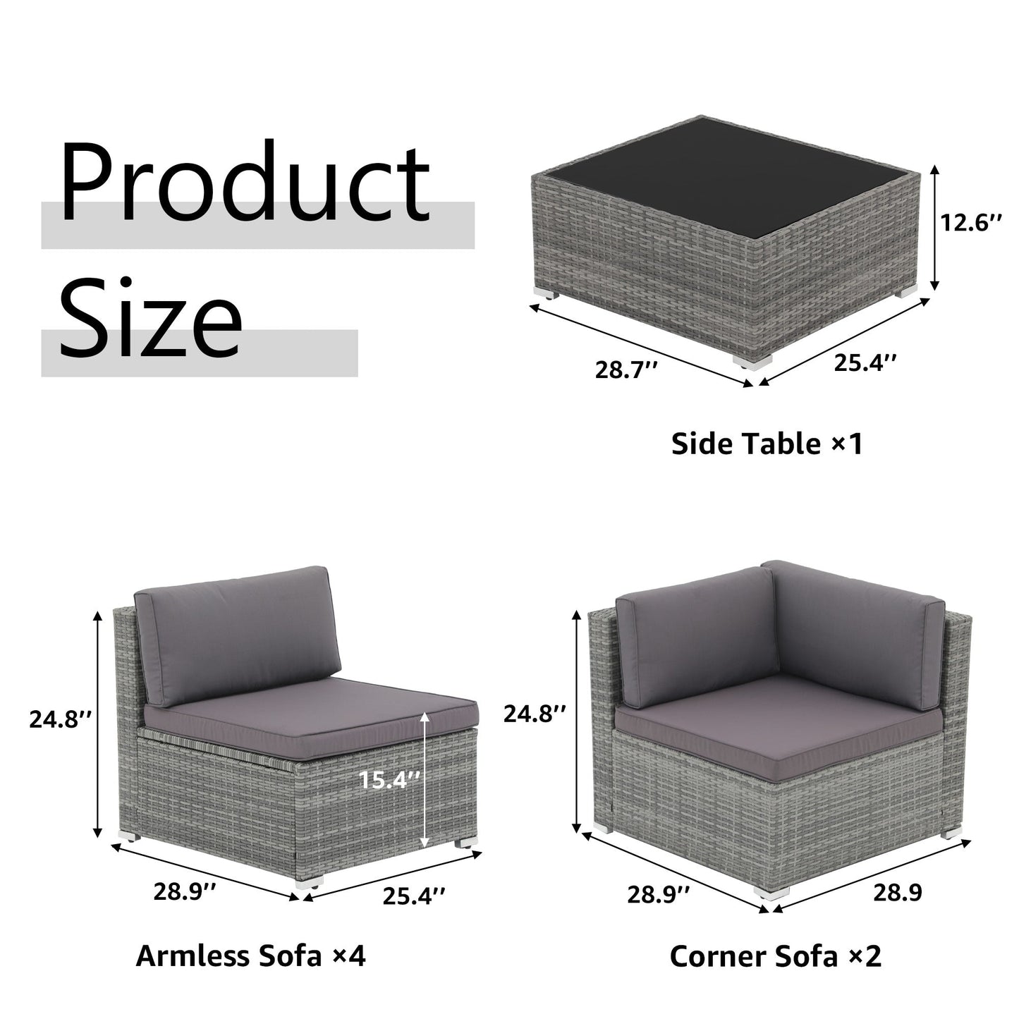 7-teiliges gepolstertes Outdoor-Sofa-Set aus Korbgeflecht/Stahl