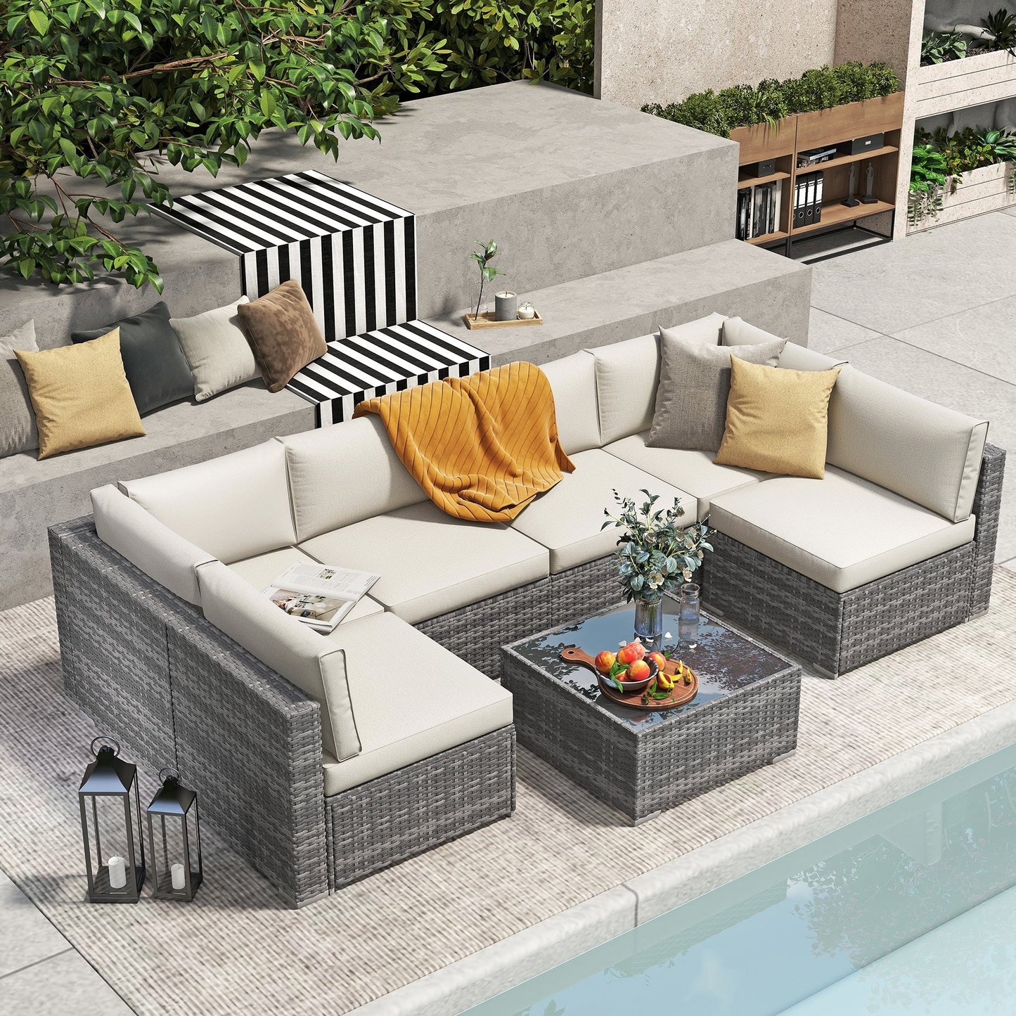 7-teiliges gepolstertes Outdoor-Sofa-Set aus Korbgeflecht/Stahl