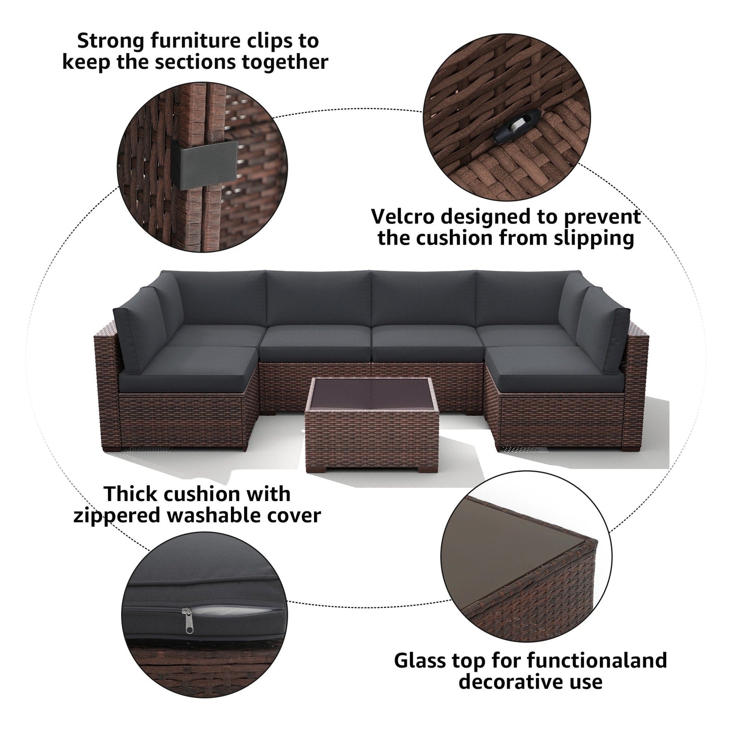 7-teiliges gepolstertes Outdoor-Sofa-Set aus Korbgeflecht/Stahl
