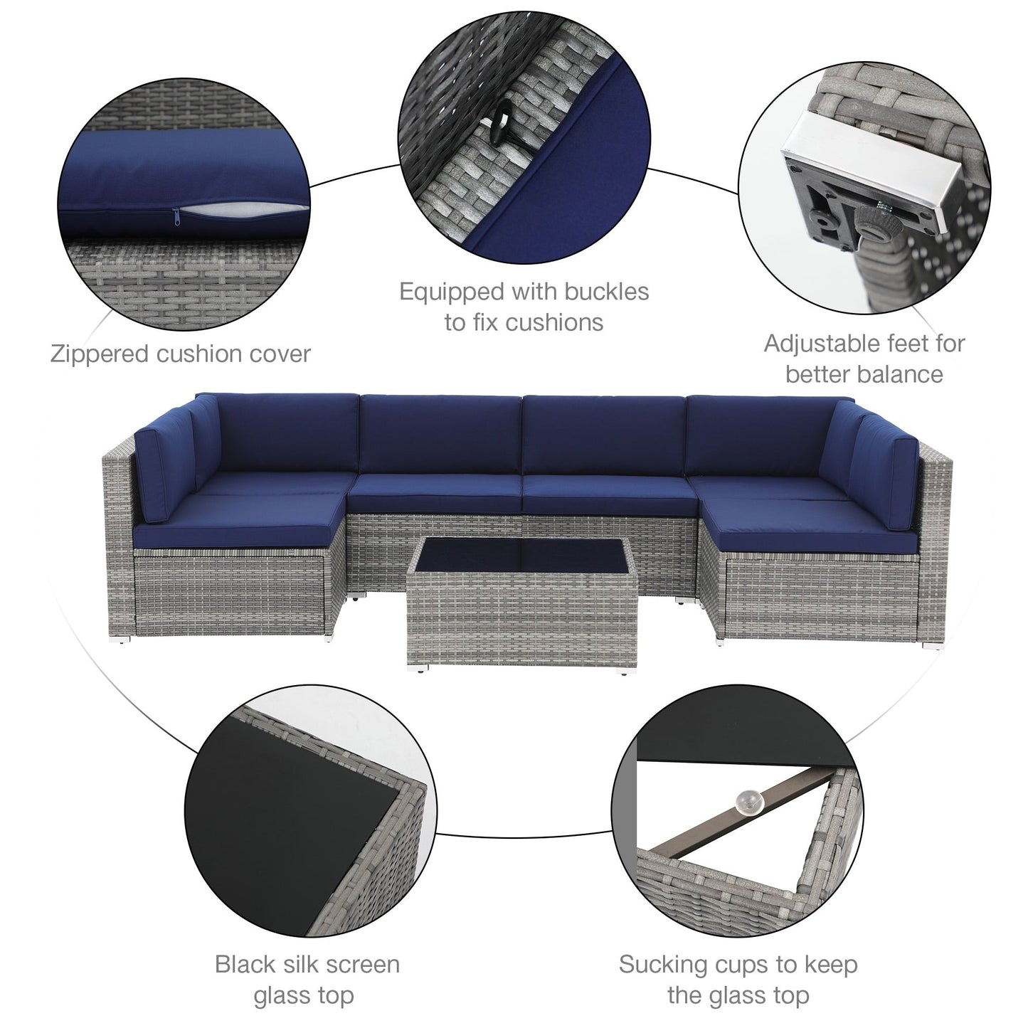 7-teiliges gepolstertes Outdoor-Sofa-Set aus Korbgeflecht/Stahl