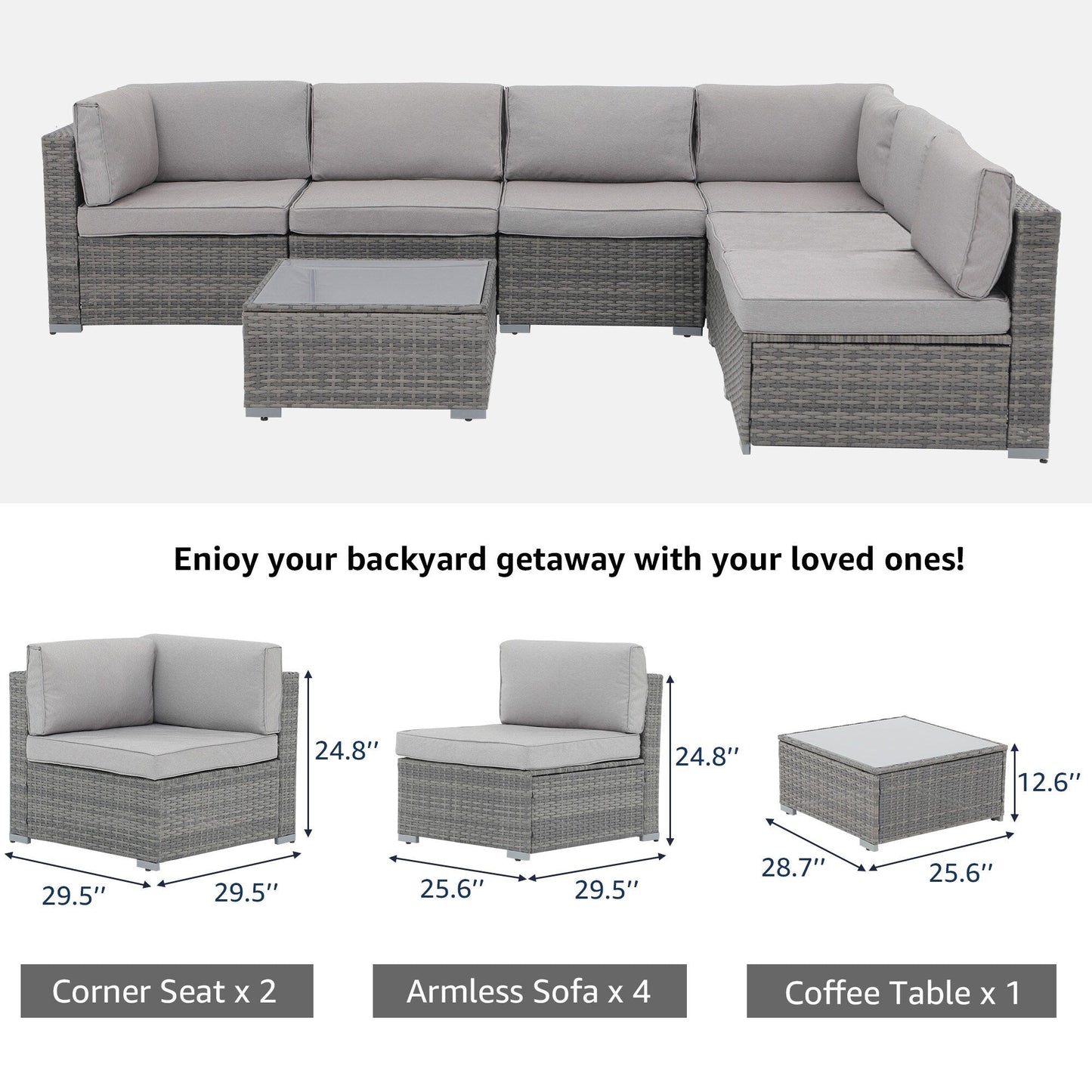 7-teiliges gepolstertes Outdoor-Sofa-Set aus Korbgeflecht/Stahl