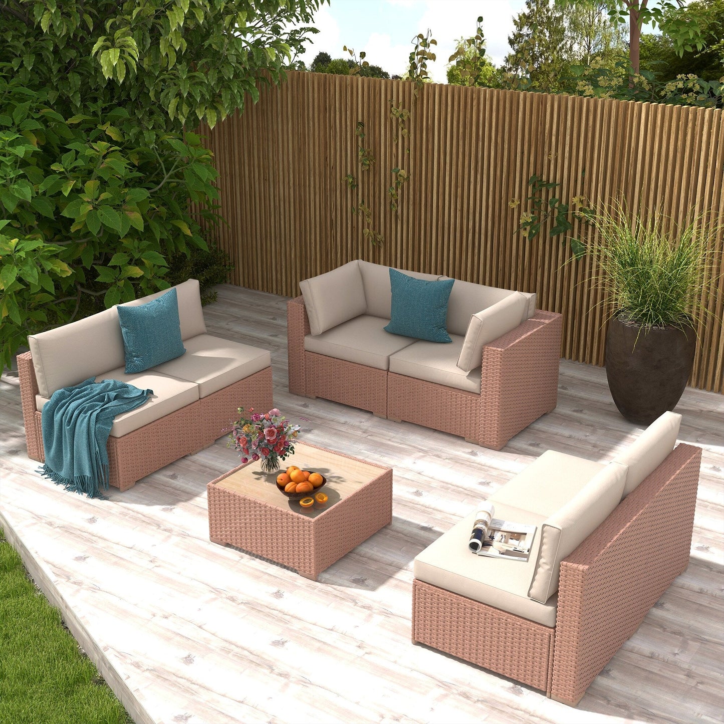 7-teiliges gepolstertes Outdoor-Sofa-Set aus Korbgeflecht/Stahl