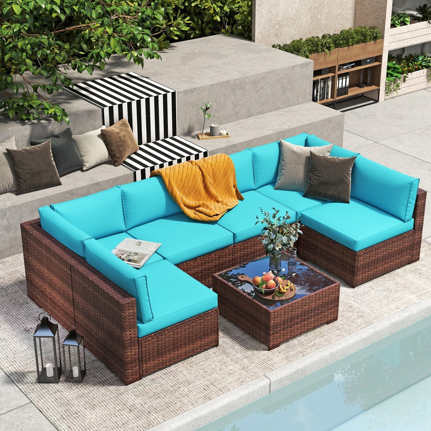 7-teiliges gepolstertes Outdoor-Sofa-Set aus Korbgeflecht/Stahl