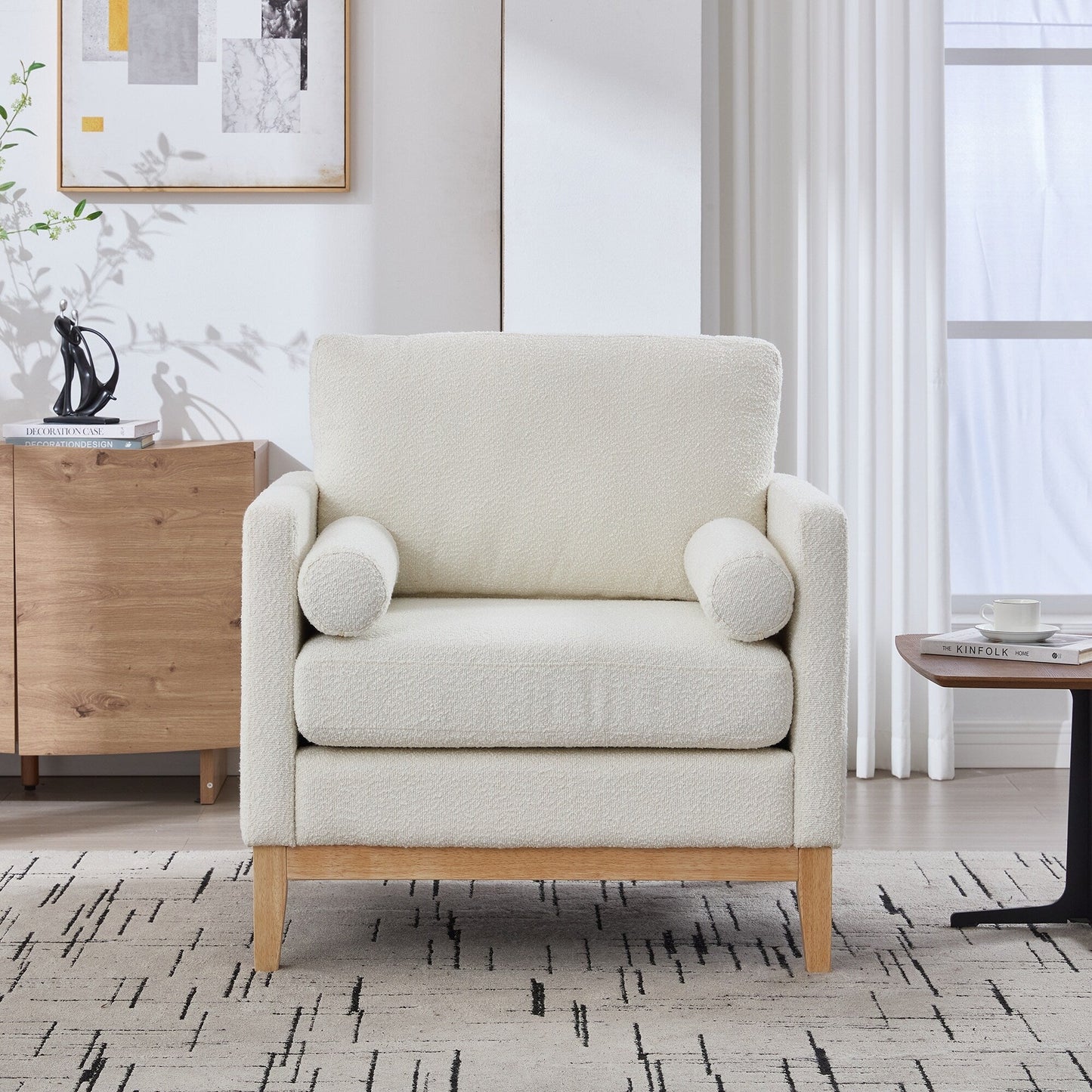 Wide Modern Farmhouse Performance Accent Chair with Natural Wood Legs,Armchair Single Sofa with Two Bolster Pillows