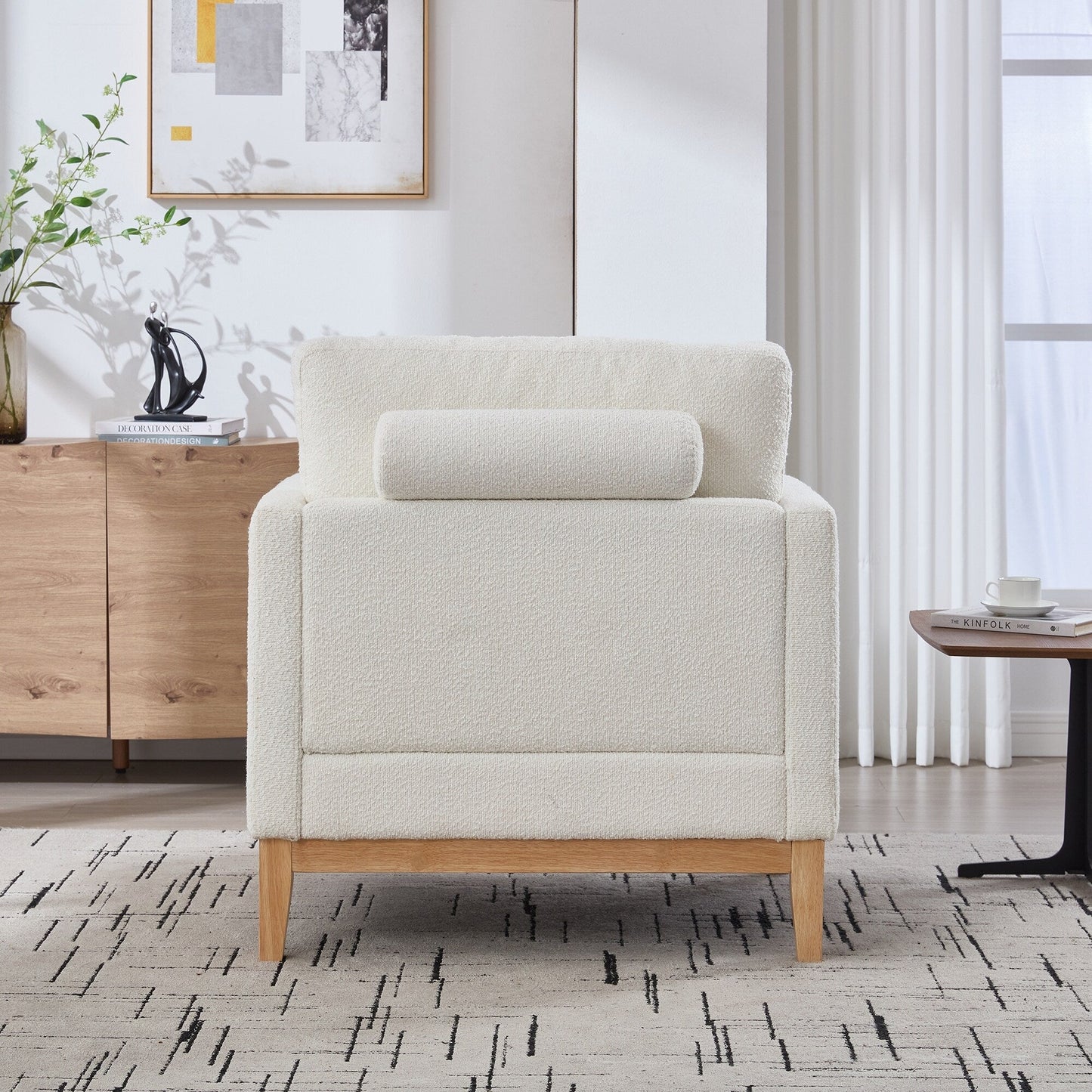 Wide Modern Farmhouse Performance Accent Chair with Natural Wood Legs,Armchair Single Sofa with Two Bolster Pillows