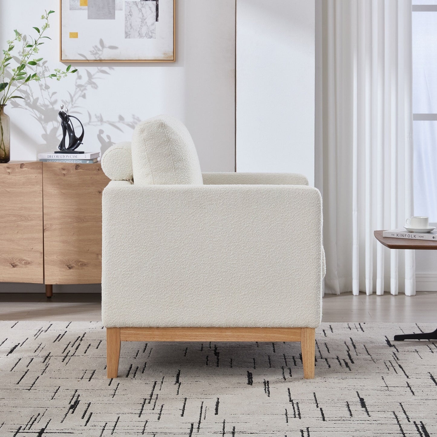Wide Modern Farmhouse Performance Accent Chair with Natural Wood Legs,Armchair Single Sofa with Two Bolster Pillows