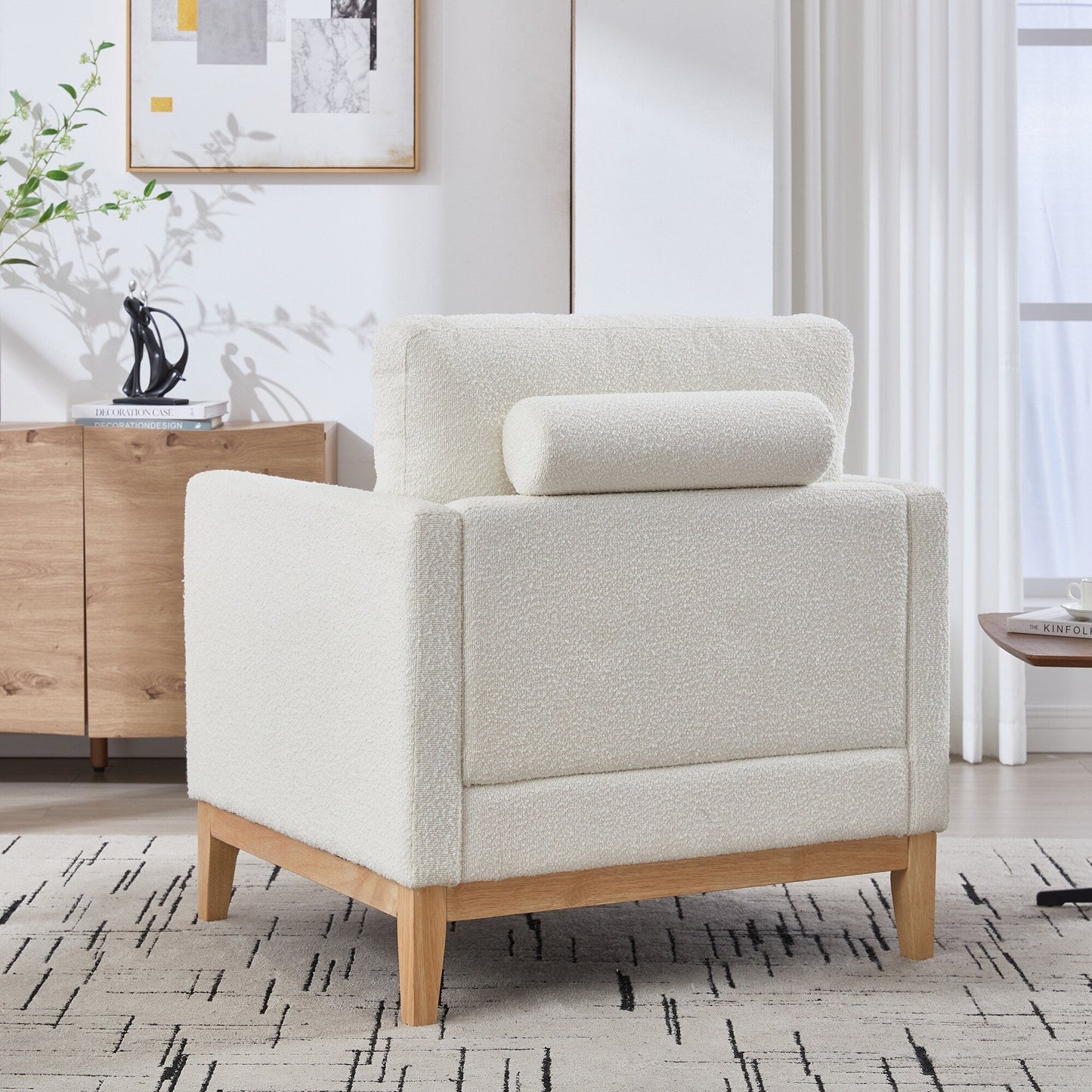 Wide Modern Farmhouse Performance Accent Chair with Natural Wood Legs,Armchair Single Sofa with Two Bolster Pillows
