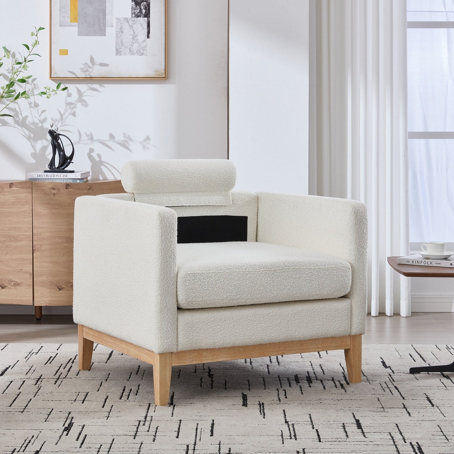 Wide Modern Farmhouse Performance Accent Chair with Natural Wood Legs,Armchair Single Sofa with Two Bolster Pillows