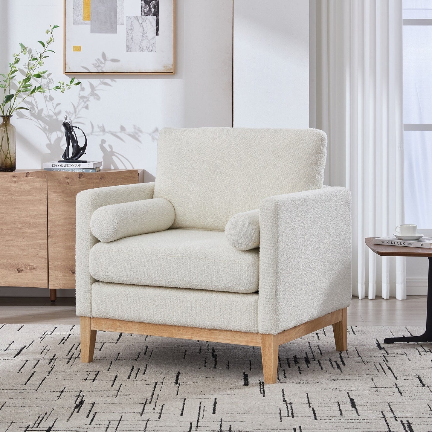 Wide Modern Farmhouse Performance Accent Chair with Natural Wood Legs,Armchair Single Sofa with Two Bolster Pillows