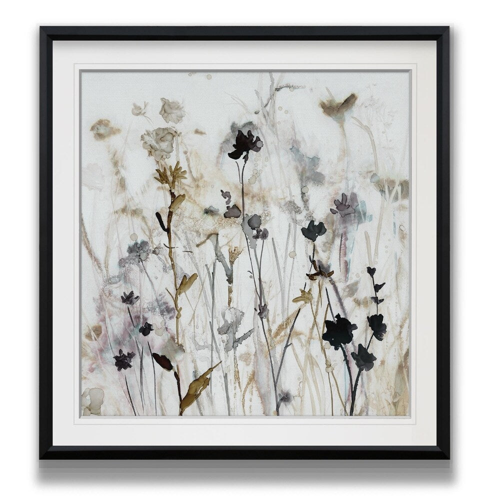 Wildflower Mist I - Individuell gerahmter Druck - blau, weiß, grau, gelb, grün, silber, gold