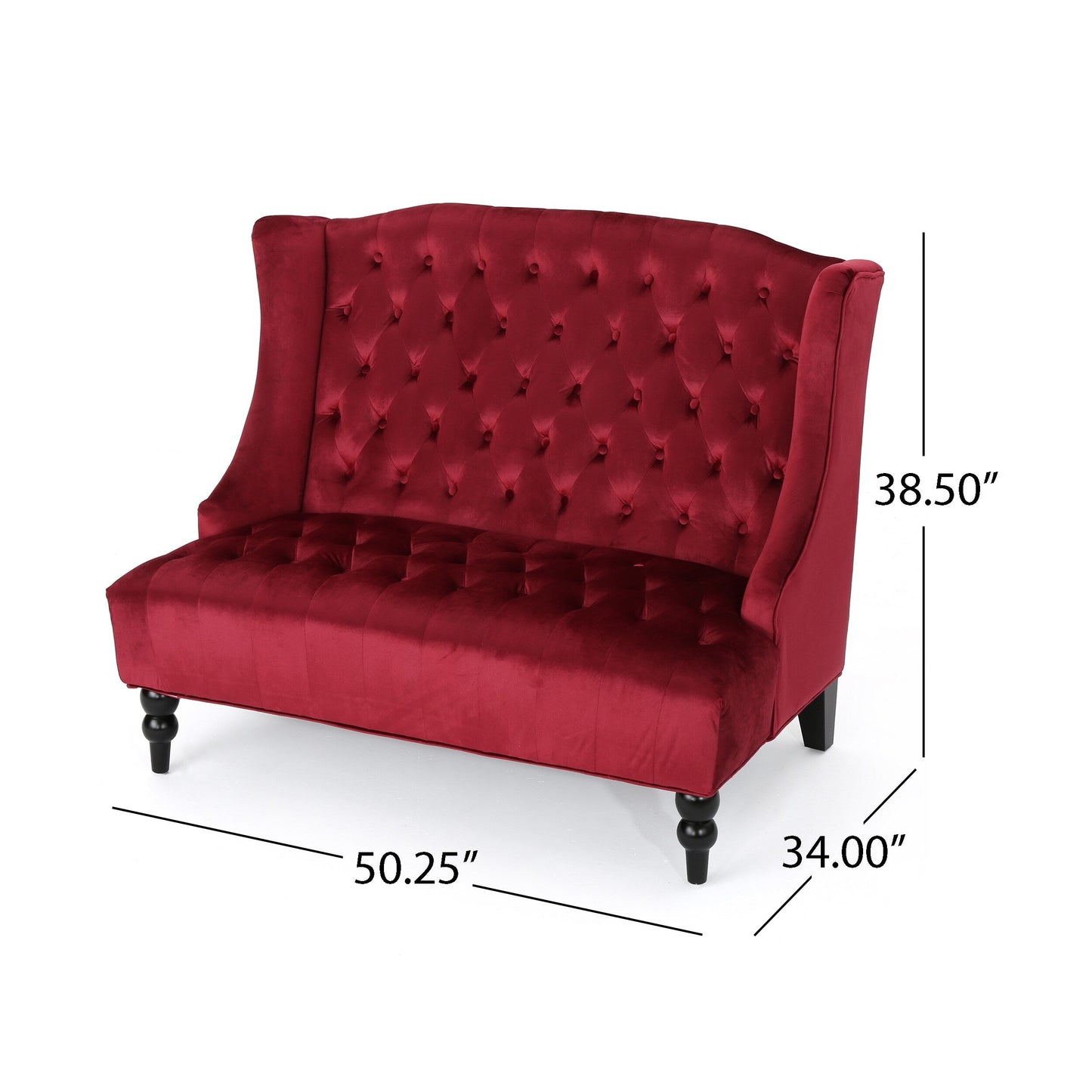 Weinrotes 50,25 Samt-Sofa mit Knopfheftung, hohes Ohrensessel-Sofa mit Holzbeinen für das Wohnzimmer