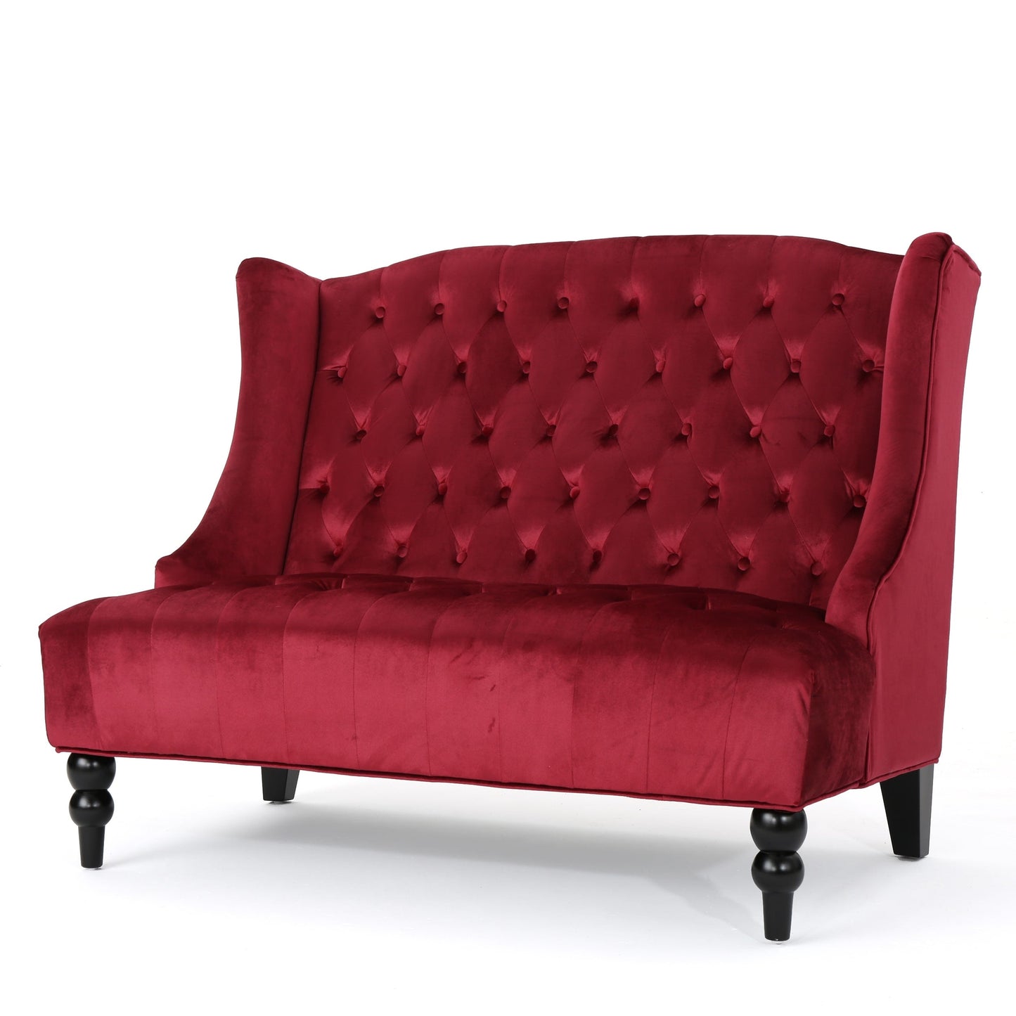 Weinrotes 50,25 Samt-Sofa mit Knopfheftung, hohes Ohrensessel-Sofa mit Holzbeinen für das Wohnzimmer