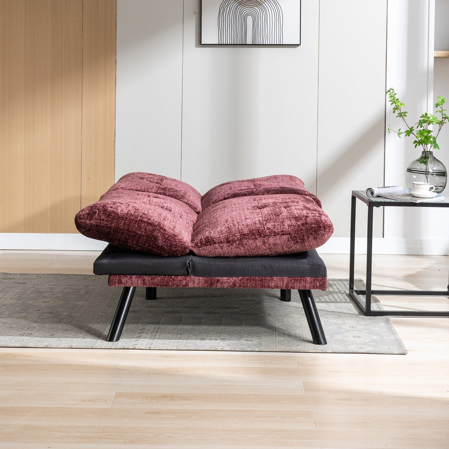 Weinrotes 75,6 Chenille-Schlafsofa, umwandelbar, mit Metallbeinen, für das Wohnzimmer