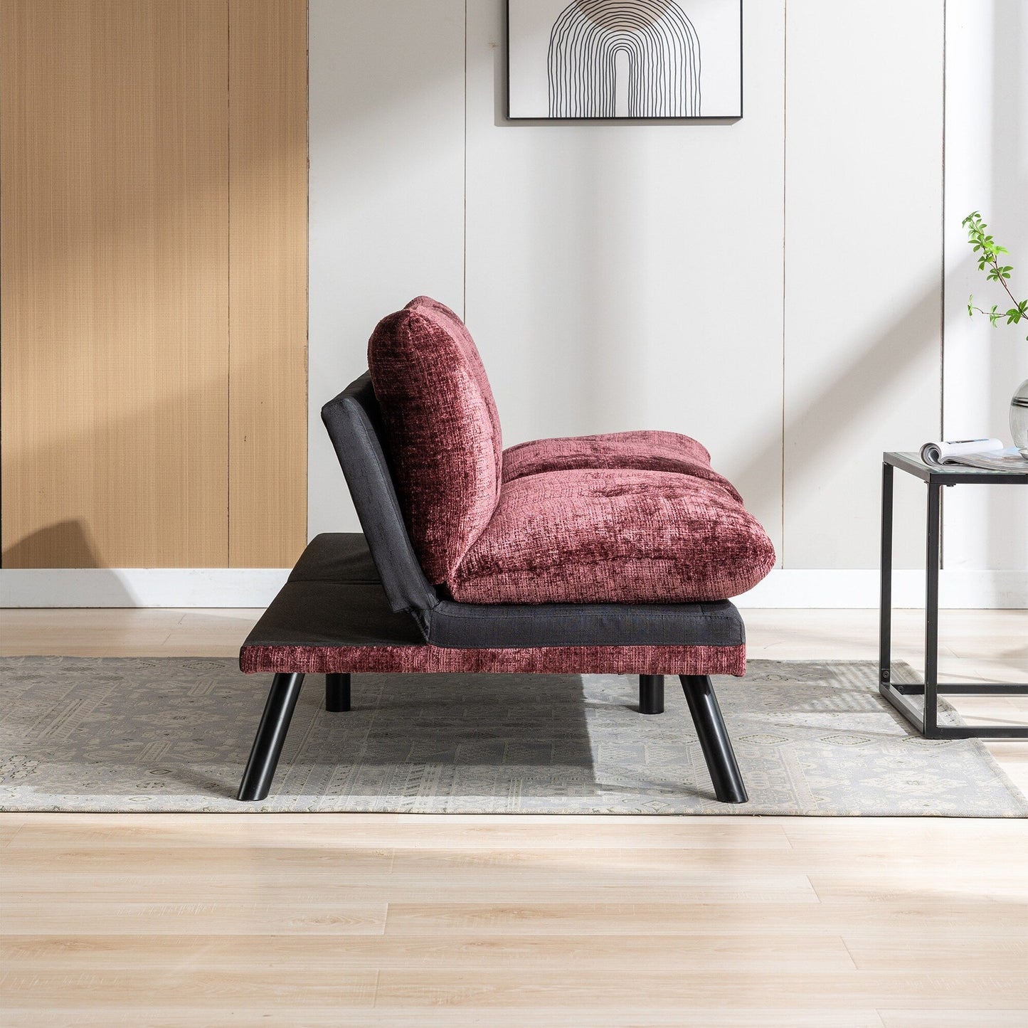 Weinrotes 75,6 Chenille-Schlafsofa, umwandelbar, mit Metallbeinen, für das Wohnzimmer