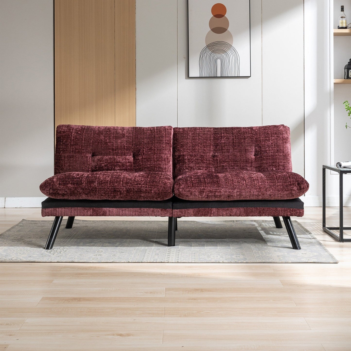 Weinrotes 75,6 Chenille-Schlafsofa, umwandelbar, mit Metallbeinen, für das Wohnzimmer