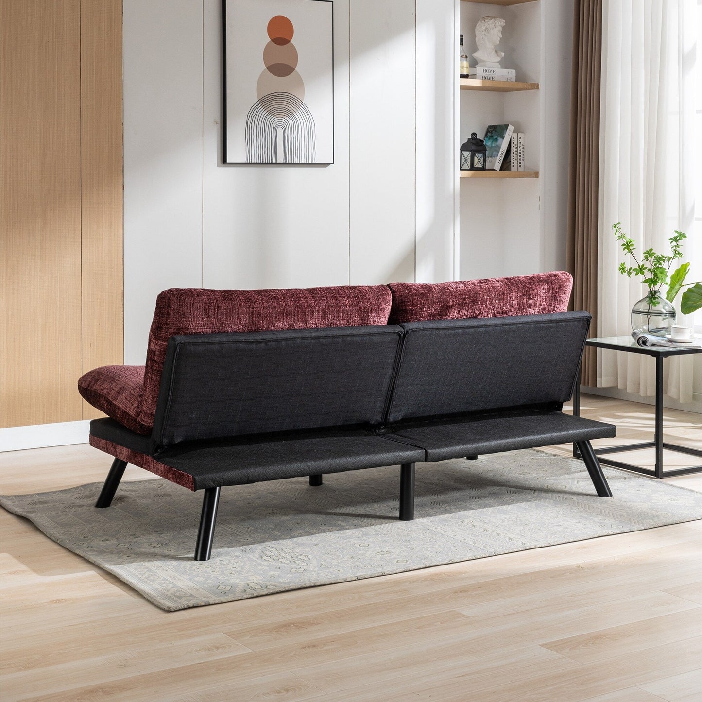 Weinrotes 75,6 Chenille-Schlafsofa, umwandelbar, mit Metallbeinen, für das Wohnzimmer