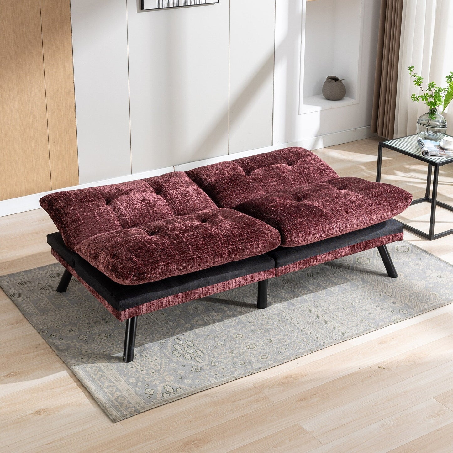 Weinrotes 75,6 Chenille-Schlafsofa, umwandelbar, mit Metallbeinen, für das Wohnzimmer