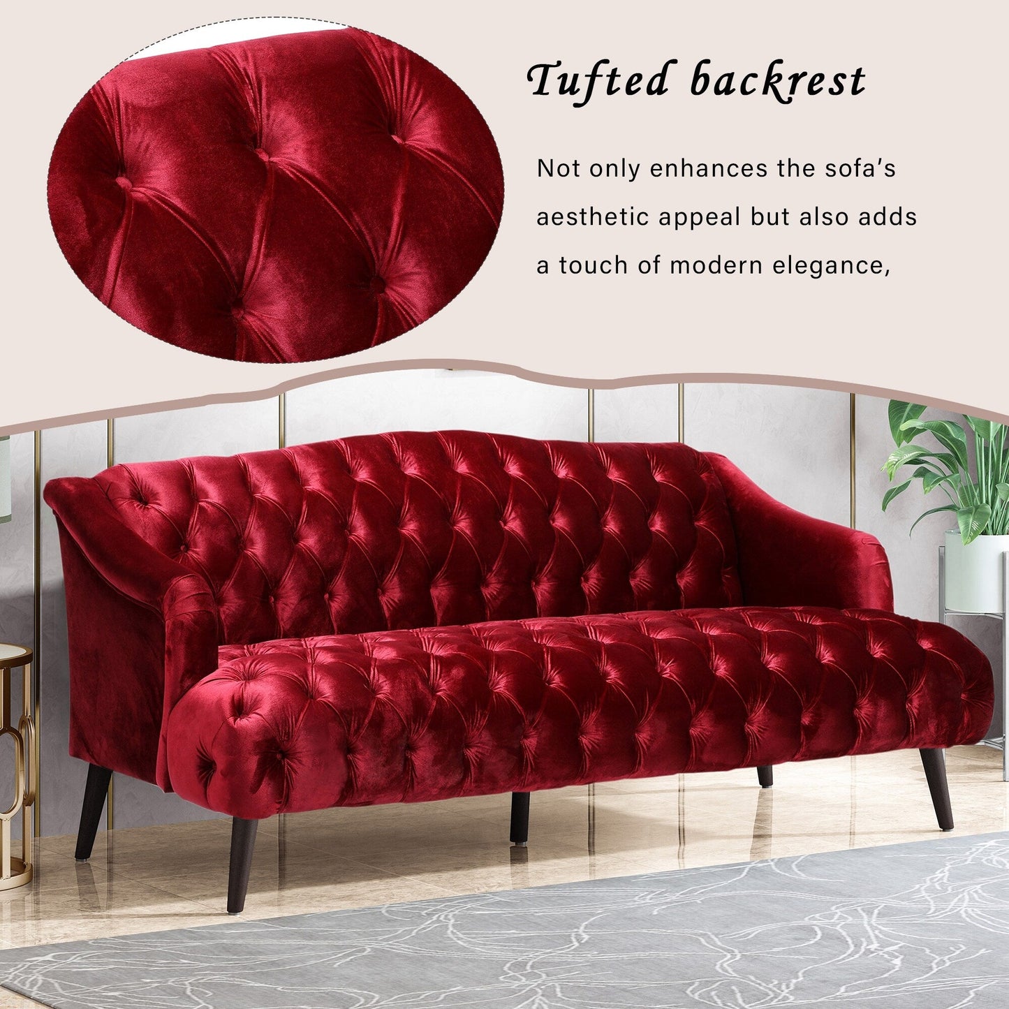 Wine Red Button Tufted 3-seater Sofa with Birch Wood Legs