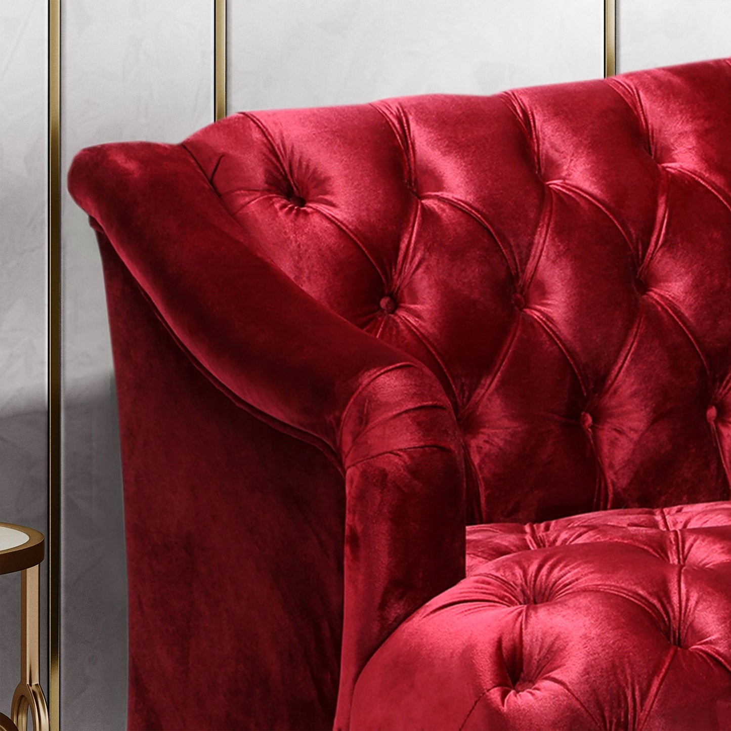 Wine Red Button Tufted 3-seater Sofa with Birch Wood Legs