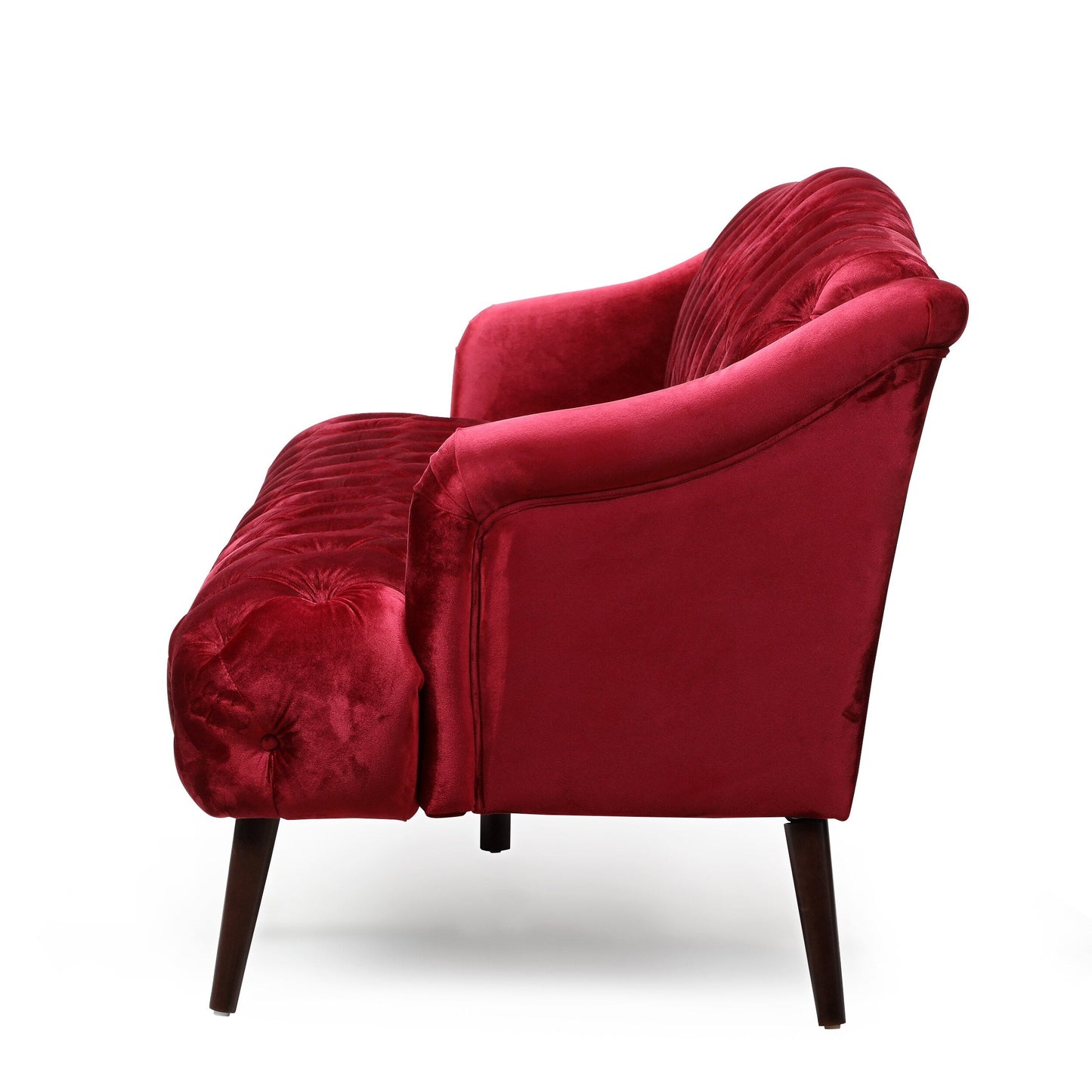 Wine Red Button Tufted 3-seater Sofa with Birch Wood Legs