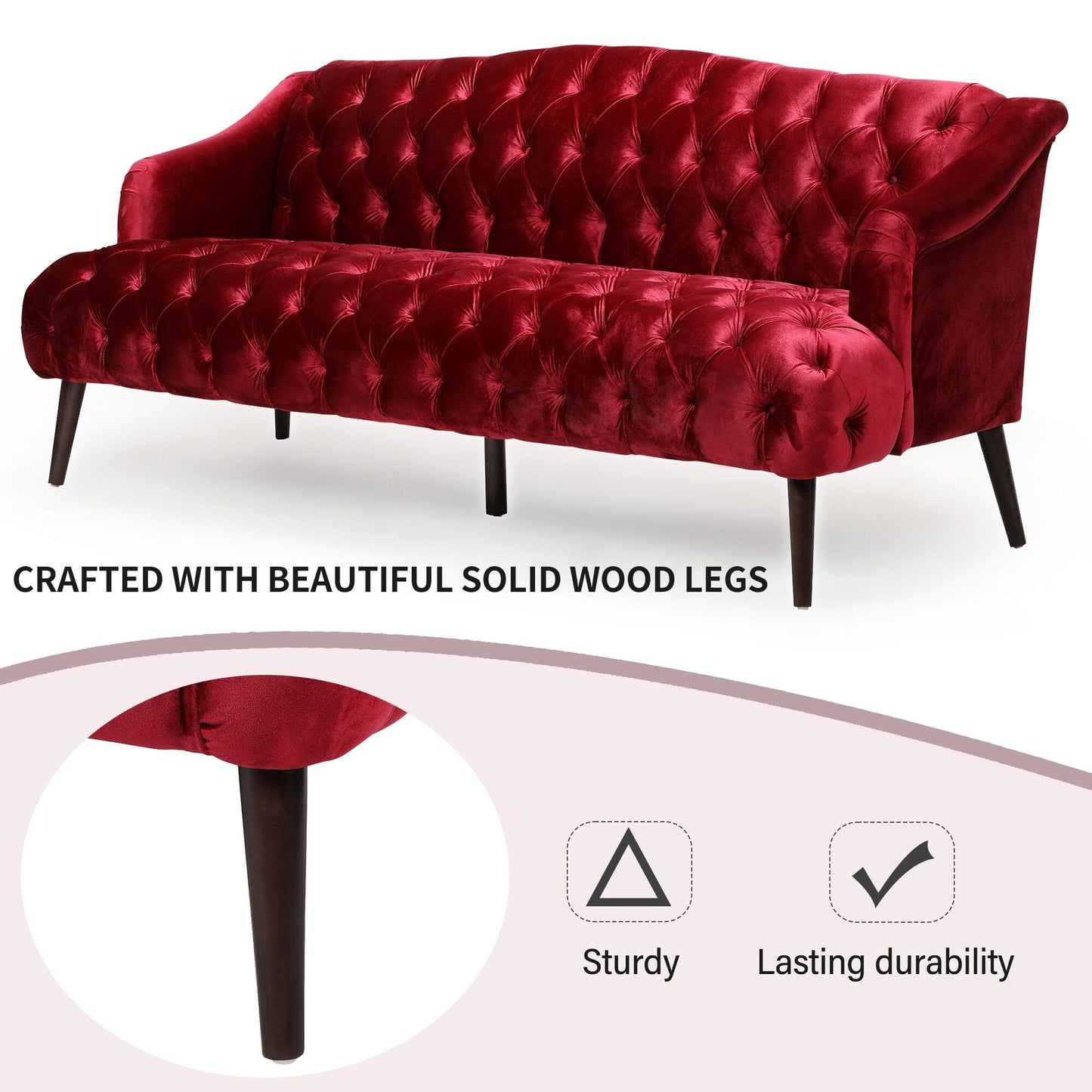 Wine Red Button Tufted 3-seater Sofa with Birch Wood Legs