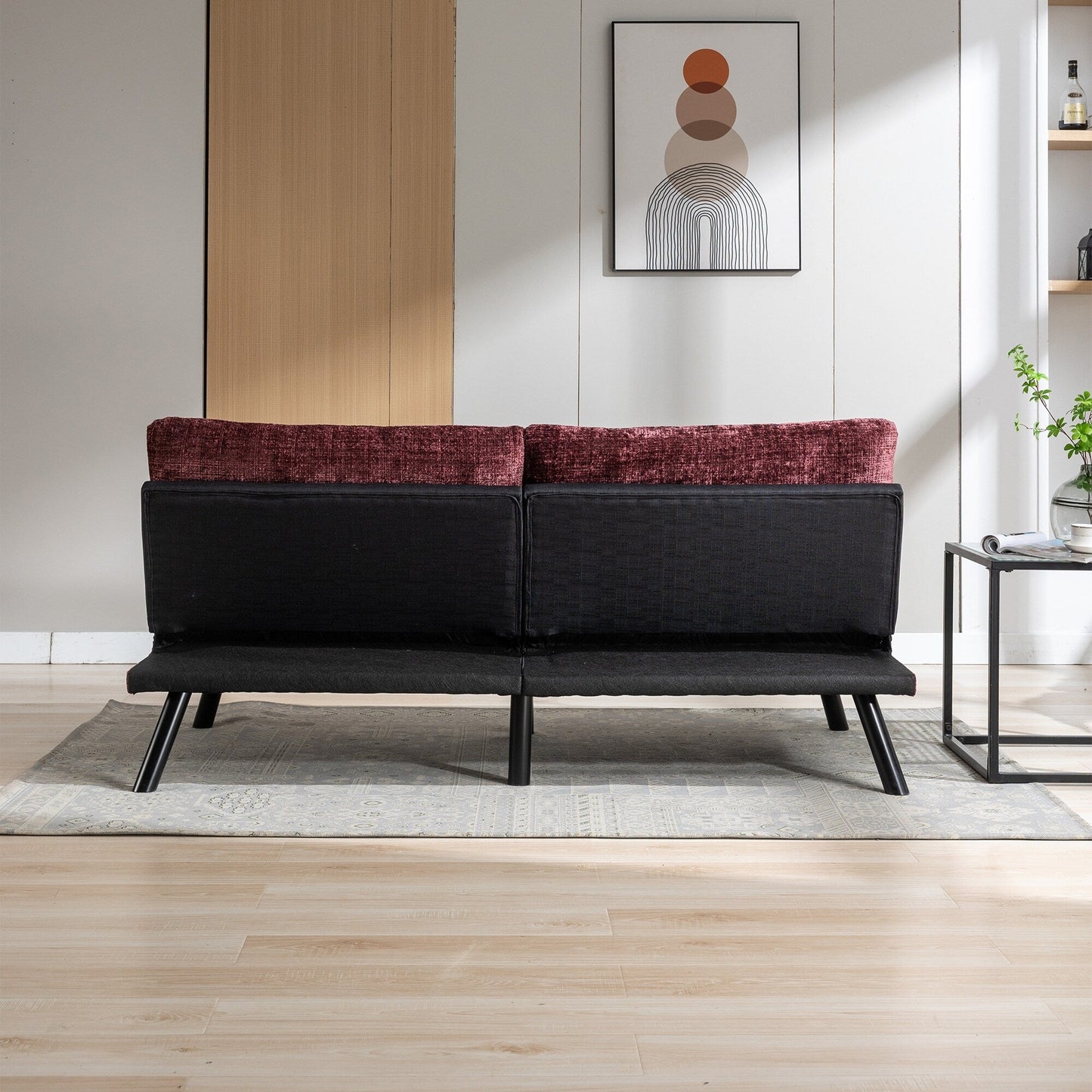 Wine Red Chenille Convertible Loveseat Futon Sofa Bed