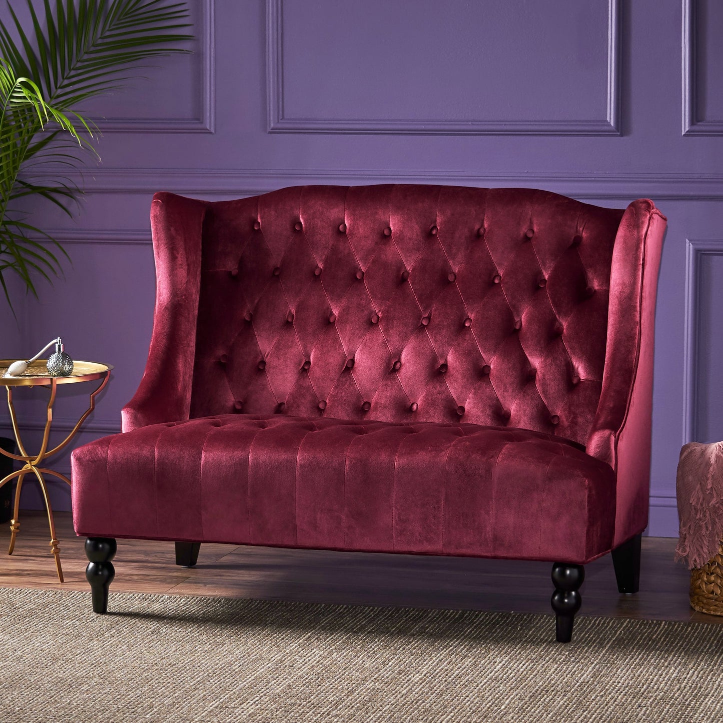 Wine Red Velvet Button Tufted High Wingback Loveseat Sofa