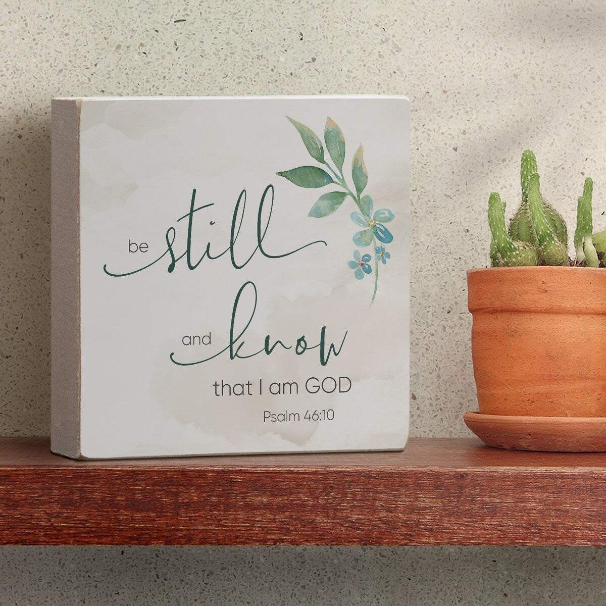 Holzblock-Dekor-Nachricht „Be Still and Know“ – Schild, 9,5 cm im Quadrat, hergestellt in den USA – Multi-40