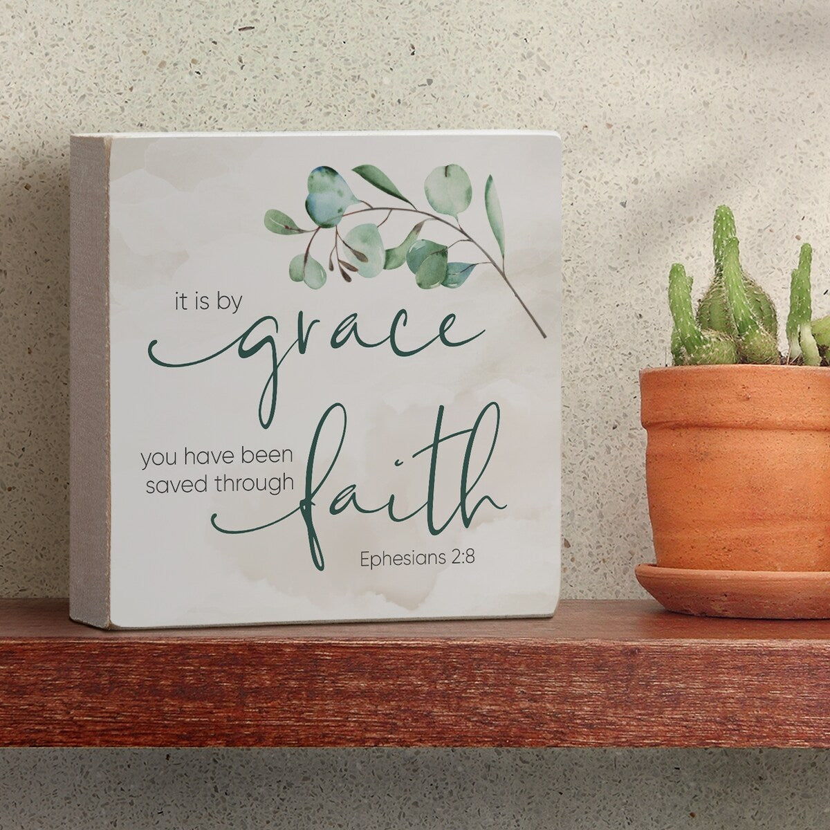 Holzblock-Dekorschild mit Botschaft von Grace Saved Through Faith, 3,75 Zoll im Quadrat, hergestellt in den USA – Multi-38