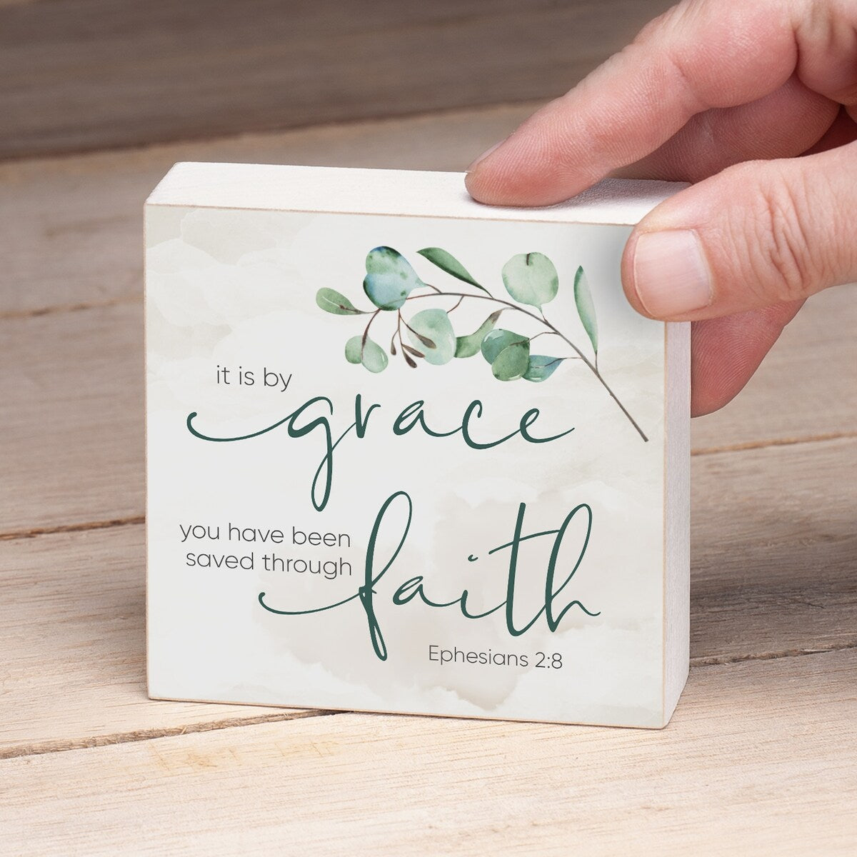 Holzblock-Dekorschild mit Botschaft von Grace Saved Through Faith, 3,75 Zoll im Quadrat, hergestellt in den USA – Multi-38