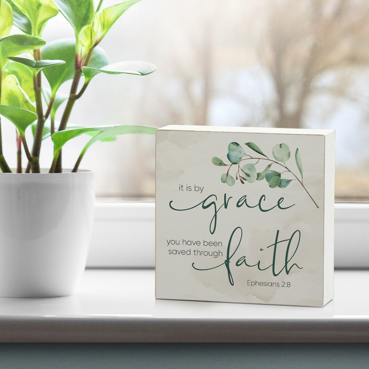 Holzblock-Dekorschild mit Botschaft von Grace Saved Through Faith, 3,75 Zoll im Quadrat, hergestellt in den USA – Multi-38