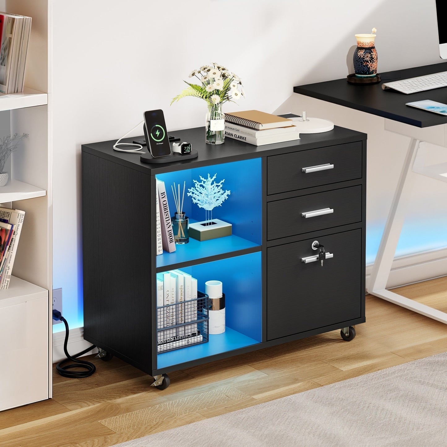 Aktenschrank aus Holz mit Ladestation, mobiler seitlicher Aktenschrank, abschließbar, passend für Akten im Format A4 Letter Legal
