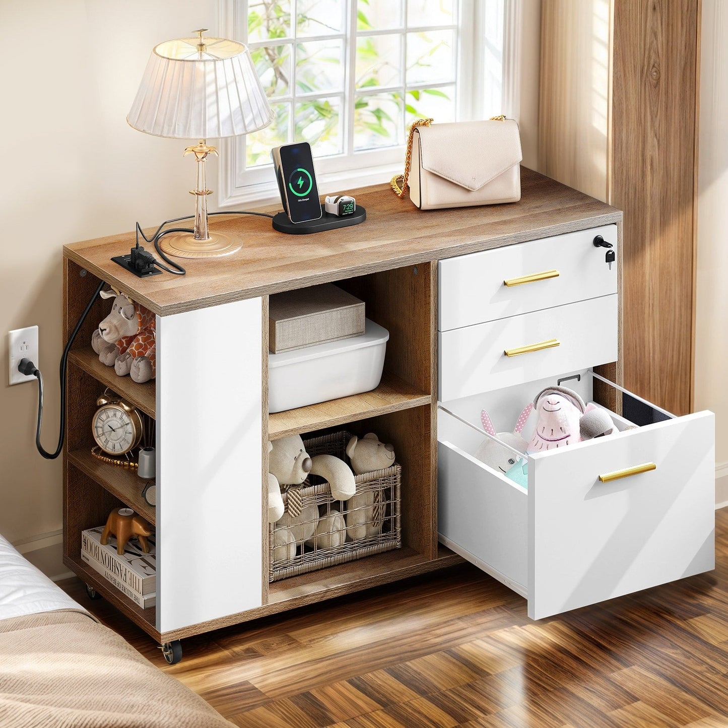 Aktenschrank aus Holz mit Ladestation, mobiler seitlicher Aktenschrank, abschließbar, passend für Akten im Format A4 Letter Legal
