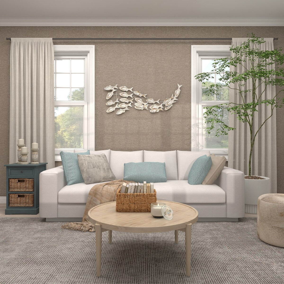 Holzfisch, handgefertigt, schwimmend, Wanddekoration für Zuhause, mit brauner Beunruhigung – Weiß – Roche River Decor