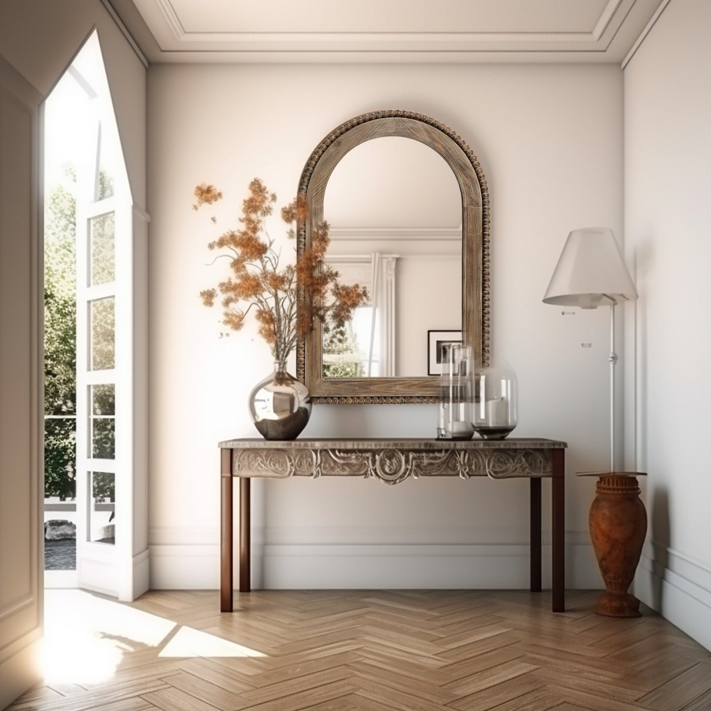 Wandspiegel mit Bogenfenster und Holzrahmen, Badezimmer-Wandspiegel – 39,25 H x 25,87 B x 1,5 T