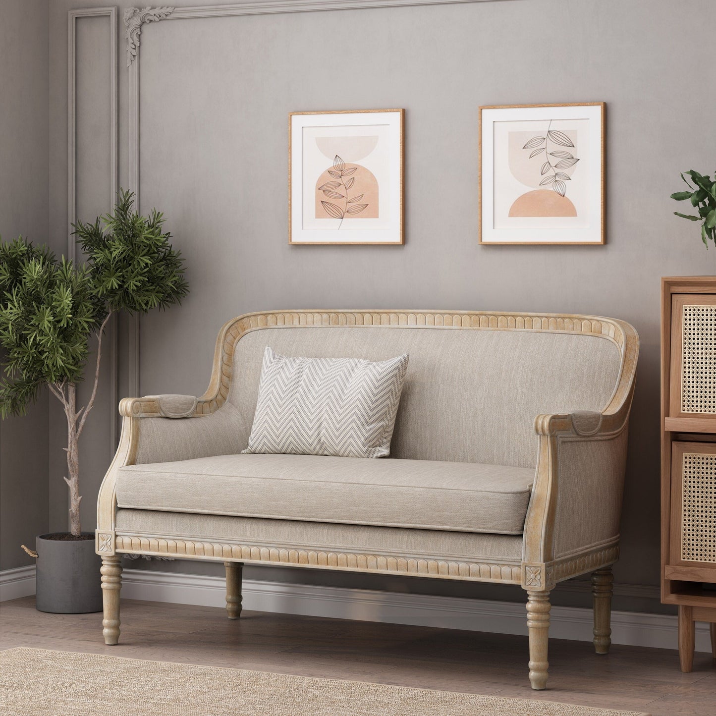 Wood Loveseat Sofa with Rubber Wood Frame
