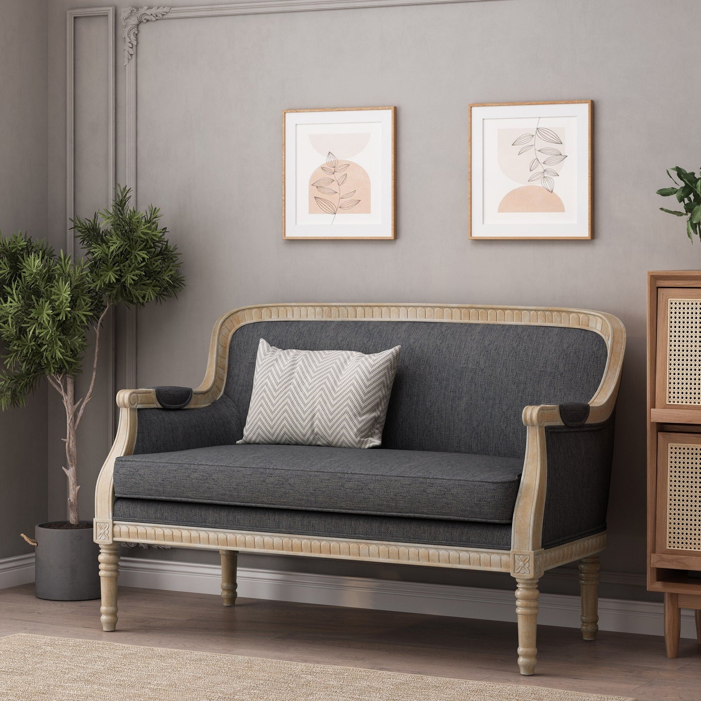 Wood Loveseat Sofa with Rubber Wood Frame