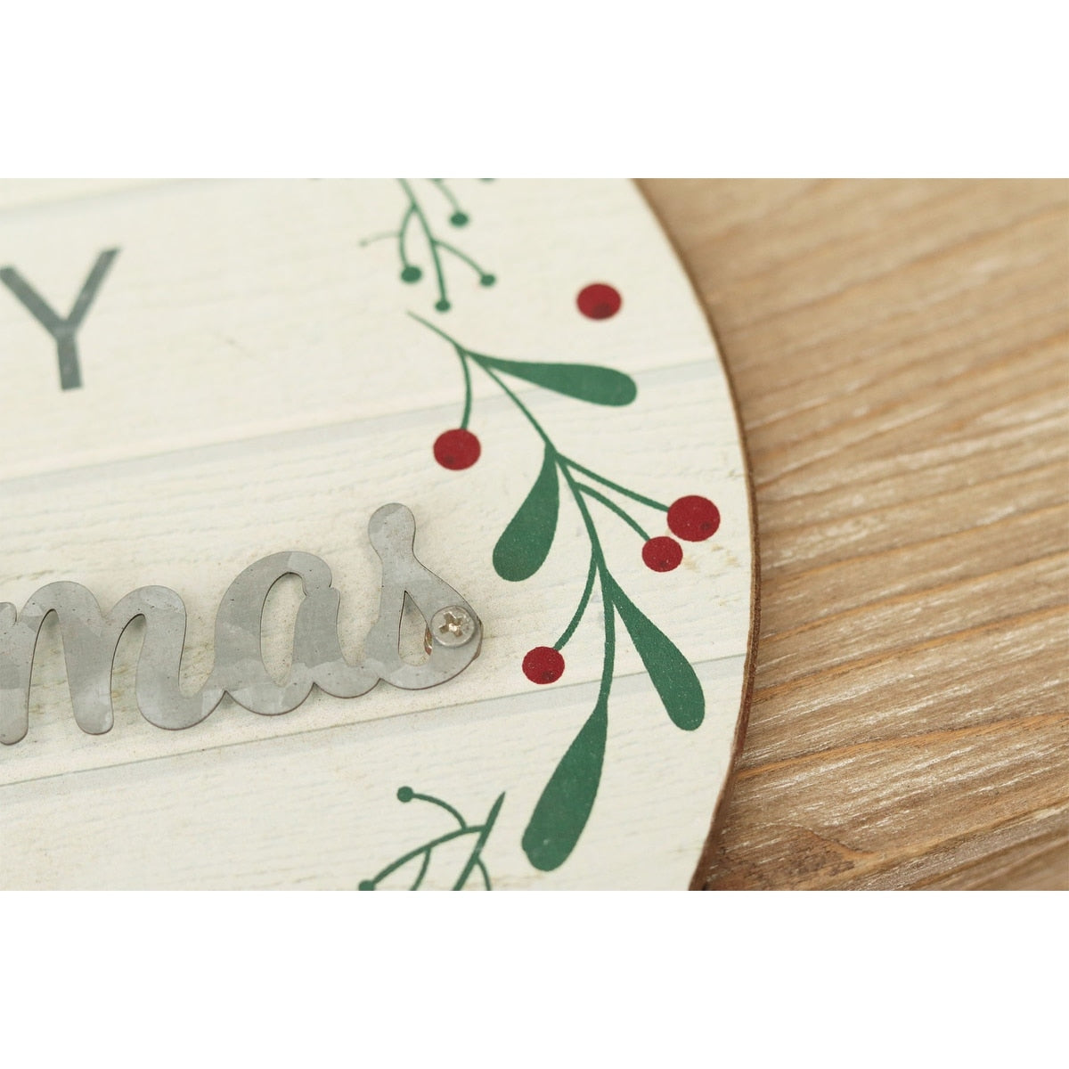Rundes Wandschild aus Holz und Metall, „Frohe Weihnachten“