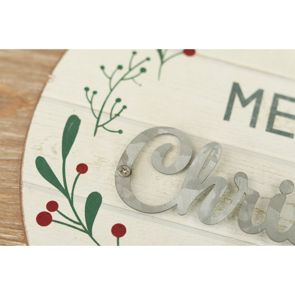 Rundes Wandschild aus Holz und Metall, „Frohe Weihnachten“