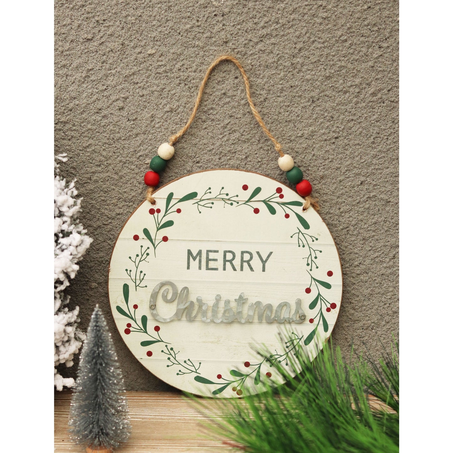 Rundes Wandschild aus Holz und Metall, „Frohe Weihnachten“