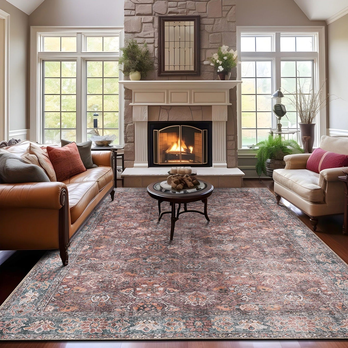 World Rug Gallery Transitional Bordered Vintage Machine Washable Non Slip Area Rug