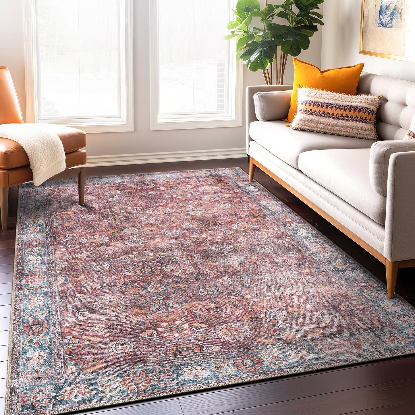 World Rug Gallery Transitional Bordered Vintage Machine Washable Non Slip Area Rug