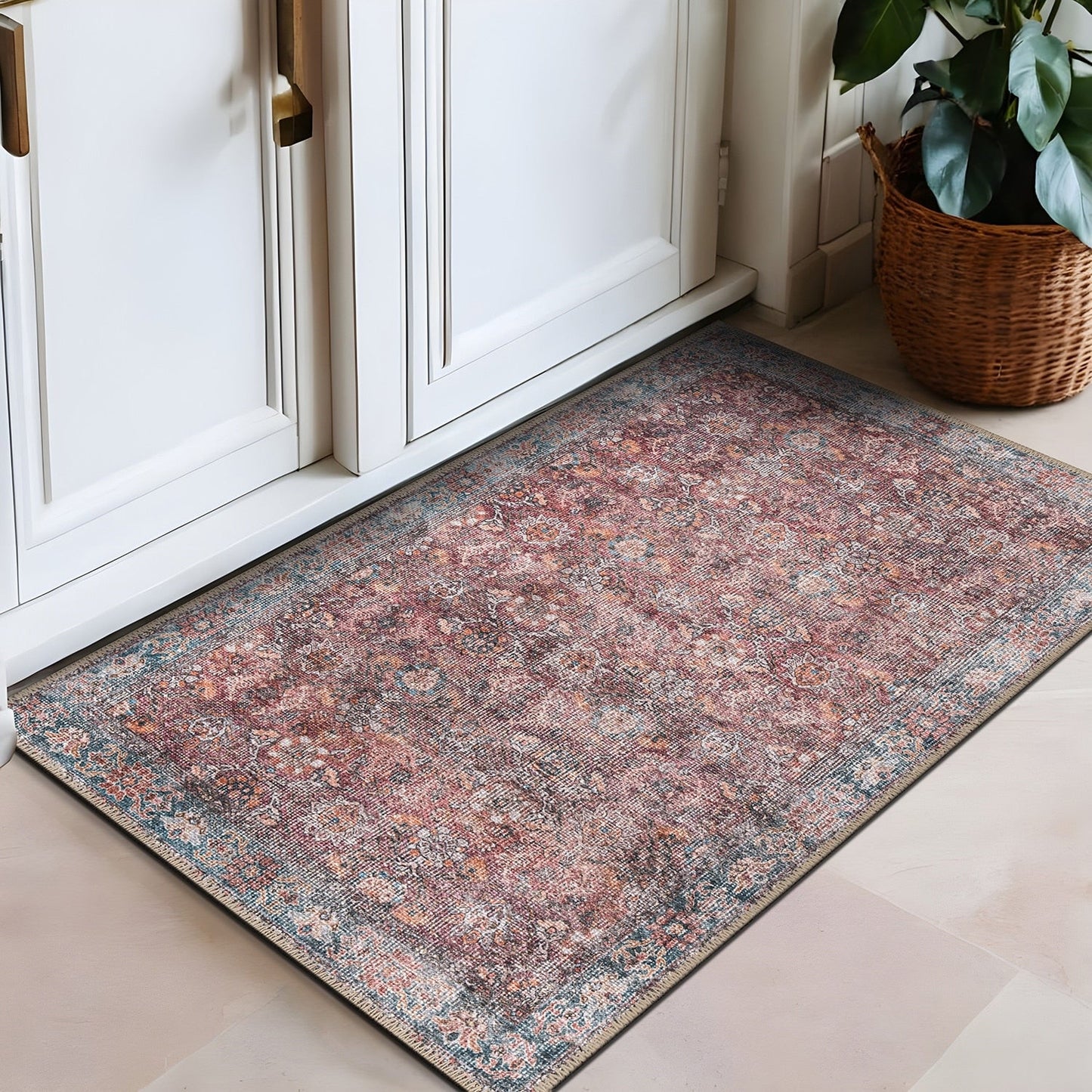 World Rug Gallery Transitional Bordered Vintage Machine Washable Non Slip Area Rug