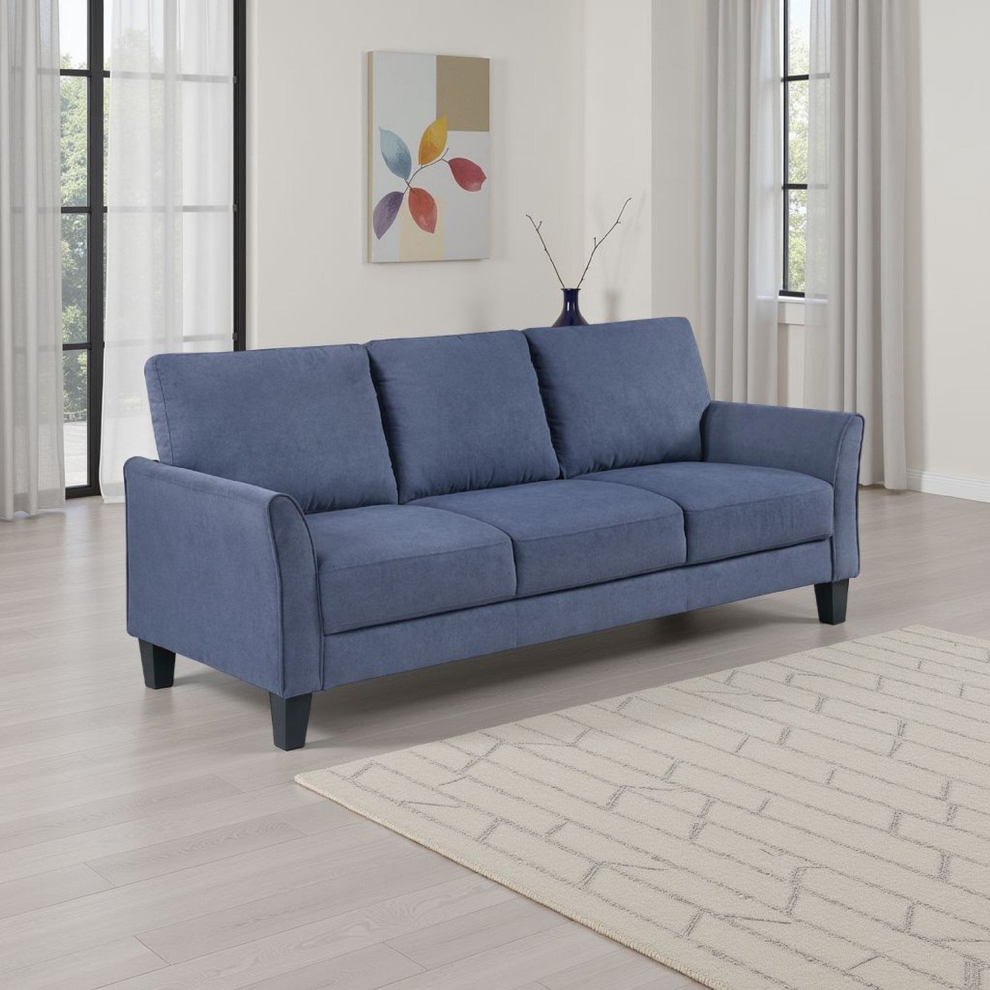 Xumo Sofa, Blue Fabric, 79 Inch, Black Tapered Wood Legs