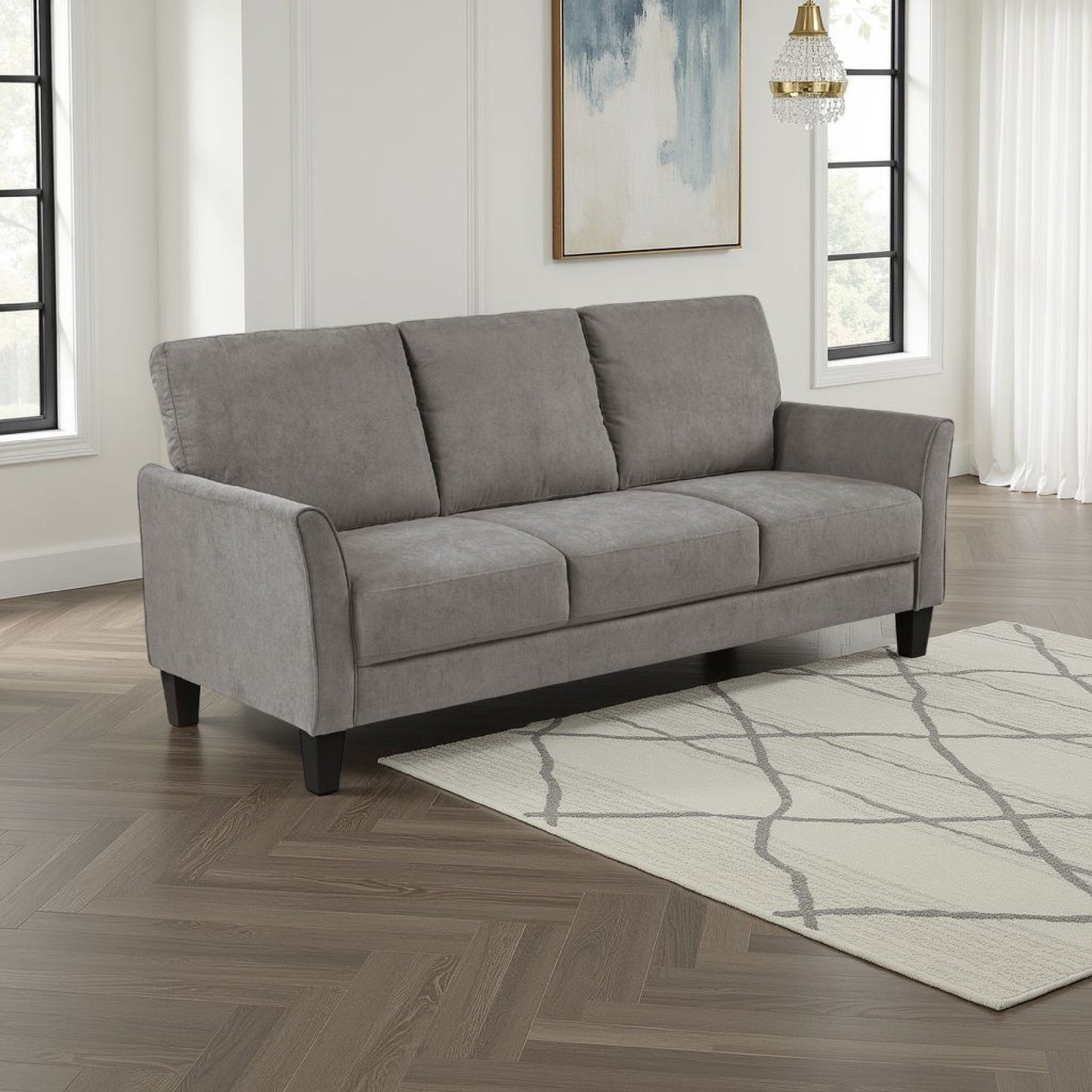 Xumo Sofa, Taupe Gray Fabric, 79 Inch, Black Tapered Wood Legs